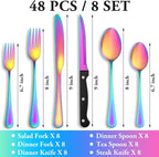 48 Pcs Rainbow Silverware Set with Steak Knives Service for 8,Stainless Steel Flatware Set,Mirror Polished Cutlery Utensil Set, Kitchen Eating Tableware,Include Fork Knife Spoon Set,Dishwasher Safe