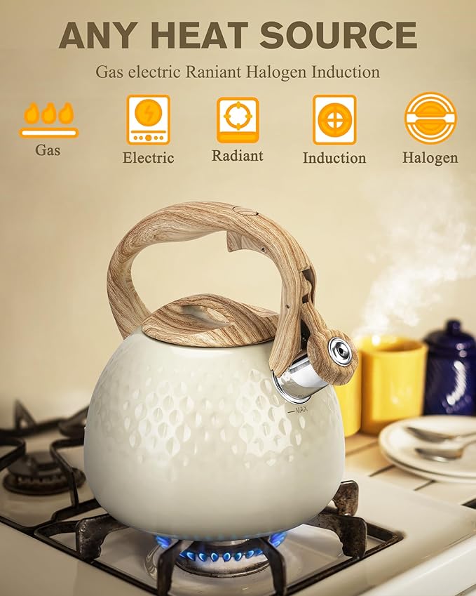 Hauce Radio Tea Kettle Stovetop Teapot, 2.5 Quart Loud Whistle Food Grade Stainless Steel and Smooth Wood Pattern Handle, Sophisticated Look for Hiking, Picnic, for Tea, Coffee Milky White