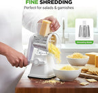 NutriChef 3 in 1 Cheese Grater & Shredder | Strong Suction Base, Rotary Handle with Safety Lock | Includes Hand Crank & 3 Drum Blades for 3 Textures, Fine, Medium & Strips | White