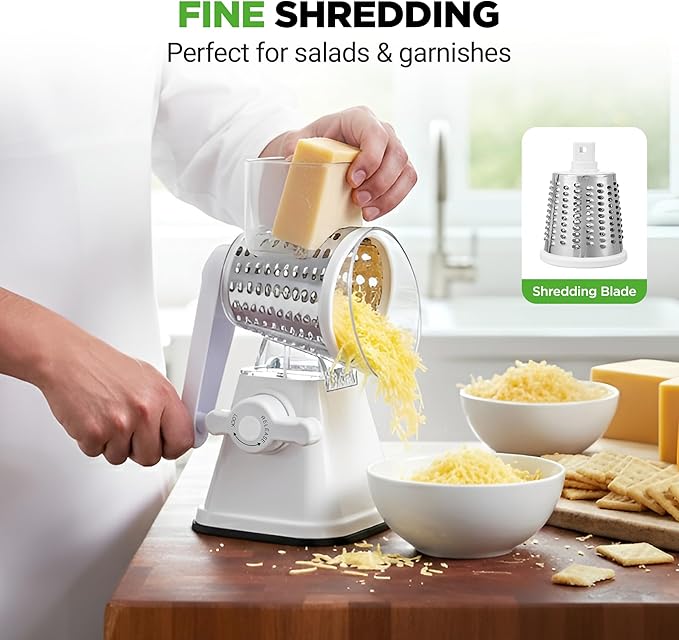 NutriChef 3 in 1 Cheese Grater & Shredder | Strong Suction Base, Rotary Handle with Safety Lock | Includes Hand Crank & 3 Drum Blades for 3 Textures, Fine, Medium & Strips | White