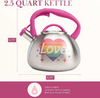 Paris Hilton Whistling Stovetop Tea Kettle, Stainless Steel with Rainbow Love Color Changing Heat Indicator Design, Soft Touch Handle, 2.5-Quart, Love Rainbow