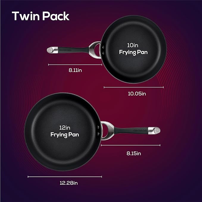 Circulon Symmetry Hard Anodized Nonstick Induction Frying Pan Twin Pack, 10-Inch and 12-Inch, Pan Sets for Cooking Nonstick, Black