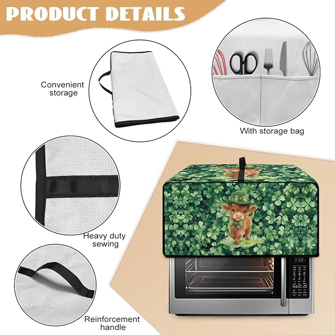 Highland Cow Four Leaf Clover Print Toaster Oven Cover Microwave Cover for Kitchen Countertop Appliance Dust Protector Decorative Oven Accessories for St. Patrick's Day Decor, Green, S