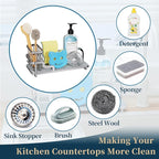 Consumest Sponge Holder for Kitchen Sink - Sink Caddy Organizer with Water Absorbing Stone Tray, Detachable Brush Holder, Stainless Steel Kitchen Counter Organizer Rack, Silver