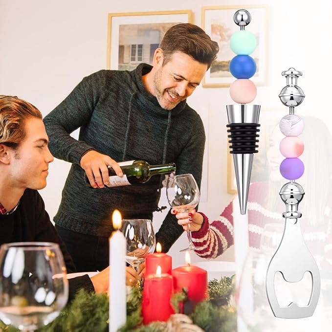 20 Pcs Beadable Wine Stoppers and Beadable Bottle Opener Set - 10 Reusable Decorative Wine Bottle Stoppers & 10 Alloy Openers for DIY Crafts, Wedding, Bar Party Favors, Holiday Gifts