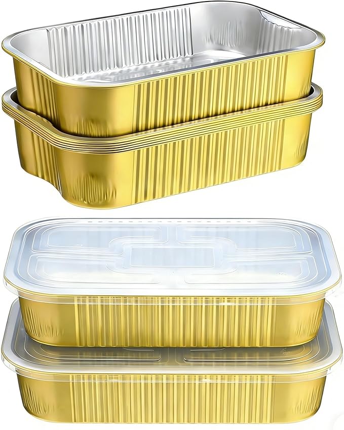 13"x 8.8"Gold Aluminum Foil Pans with Chear Lids & Handles(10 Pack) Heavy Duty Aluminum Pans, Disposable Foil Pans Containers for Cooking, Baking, Reheating, Freezer, Oven, Food Storage, 118oz