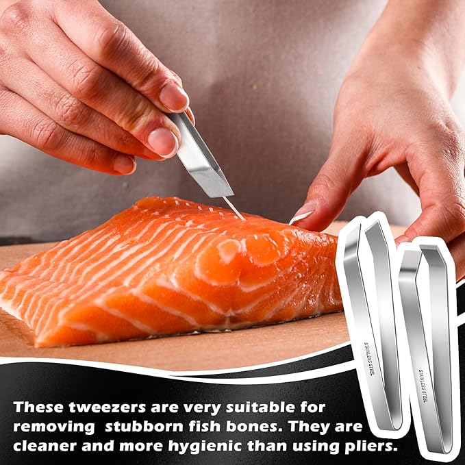 Fish Bone Tweezers, Flat and Slant Tweezers Set, Heavy Duty Stainless Steel Kitchen Tools for Removing Salmon Bones, Chicken Feathers and Pig Bristles, Dishwasher Safe