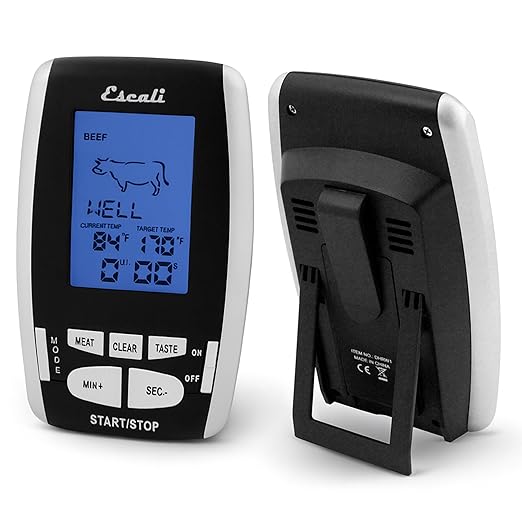 San Jamar Escali Plastic Wireless Thermometer & Timer, Custom Alerts, Stainless Steel Probe with 200ft Range for Commerical Kitchen, Black