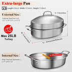 GRILL BUMP Roasting Pan, 21x13x11 Inch, Silver, Rectangular, Stainless Steel, 25LB Capacity, Turkey & Chicken Roaster with Rack and Lid