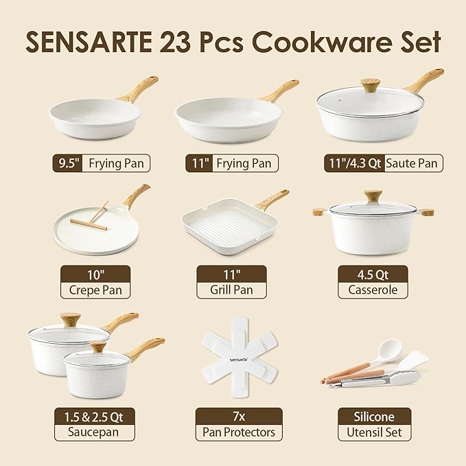 SENSARTE Nonstick Ceramic Cookware Set, 23 PCS Pots and Pans Non Toxic, PFAS & PFOA Free, Non Stick Healthy Kitchen Cooking Set with Stay-Cool Handles, White