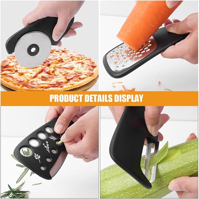 Multi-functional Kitchen Gadget Set with Vegetable Peeler, Pizza Wheel, Bottle Opener, Garlic Grinder, and Fruit Peeler – Versatile Kitchen Tools for Cooking and Food Preparation