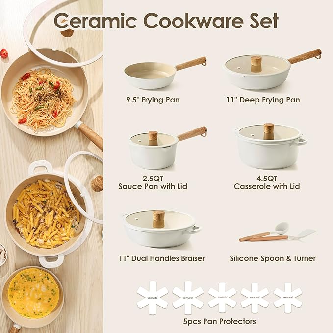 SENSARTE 17Pcs Ceramic Nonstick Cookware Set Non-toxic Healthy Pots and Pans Set Ceramic Kitchen Cooking Frying Pans with Stay-cool Handle, PFAS/PTFE/PFOA Free, Dishwasher Safe, Induction Compatible