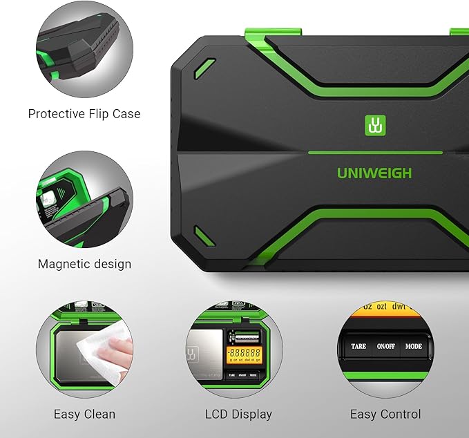 UNIWEIGH Digital Pocket Scale 200g/0.01g, Digital Scale Grams, Jewelry Scale,Coins Scale with 50g Cal Weights for Powder,Small Items,Tea,Jewelry,Coins (Battery Included)-Fluorescent Green