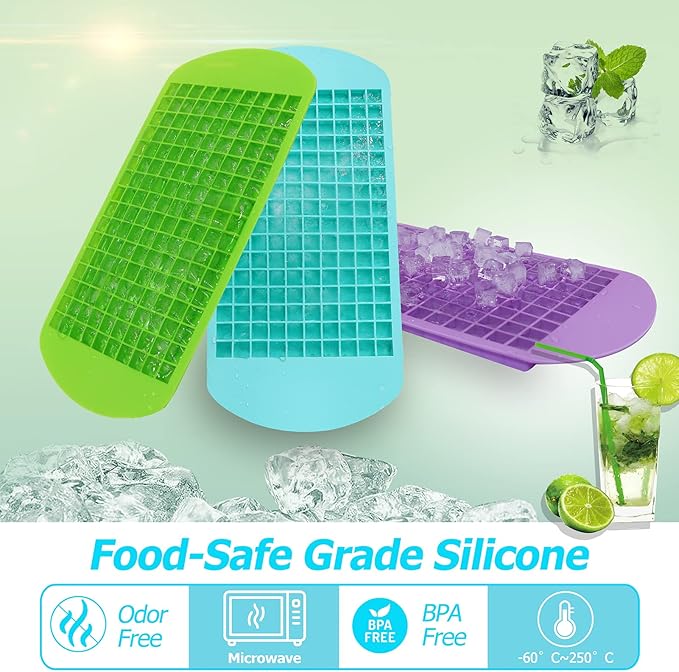 LeeYean Silicone Mini Ice Cube Trays 3 Pack, 160 Crushed Ice Cube Molds Easy Release Small Ice Cube for Chilling Whiskey Cocktail, Flexible Stackable and Durable Soft Mold Storage Containers, BPA Free