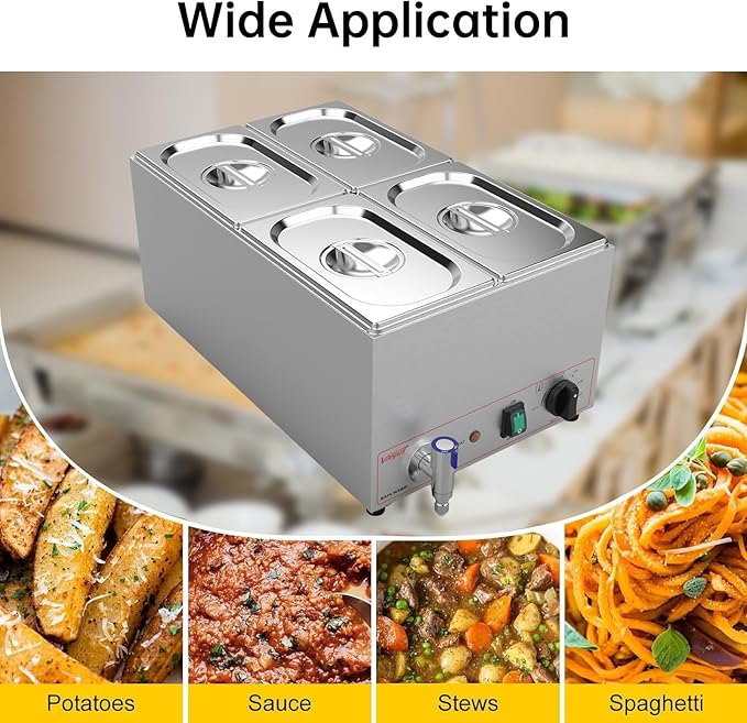 Valgus Commercial Stainless Steel 4 Sections Bain Marie Food Warmer 16 Qt Buffet Server with Lid and Tap for Home, Catering, Restaurants