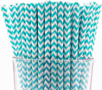 Pack of 300 Turquoise Chevron Biodegradable 4-Ply Paper Drinking Straws (Compostable, Non-toxic, BPA-free)