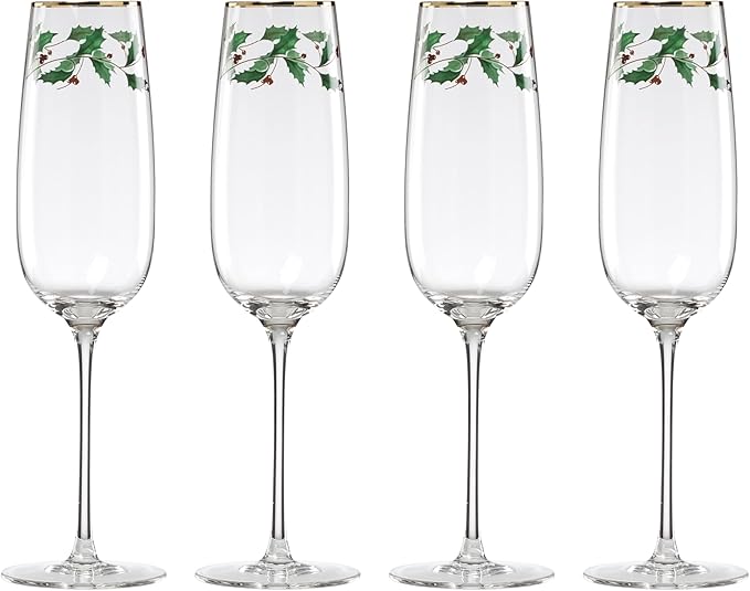 Lenox Glassware, Holiday Decal Flutes, Set of 4, 11-Ounce Capacity, Made From Glass, Flutes, Drinking Glasses Set, Home And Kitchen, Champagne Flute, Champagne Glasses (Clear, 4 Piece)
