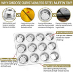 TeamFar 12-Cup Muffin Pan, Stainless Steel Cupcake Pans Muffin Tin Set for Oven Baking Mini Brownies Quiches Tarts, Non Toxic & Regular Size, Dishwasher Safe – Set of 2