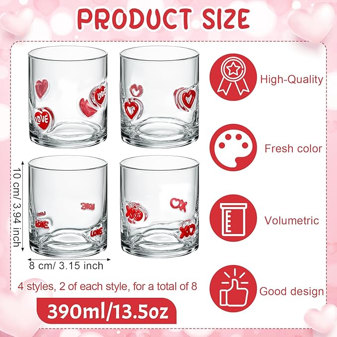 Skylety 8 Pcs Valentines Day Icons Juice Glasses Heart Love Drinking Cups Old Fashioned Stemless Wine Glasses 13.5 oz Whiskey Cocktail Coffee Mugs for Galentines Party Gift Decor