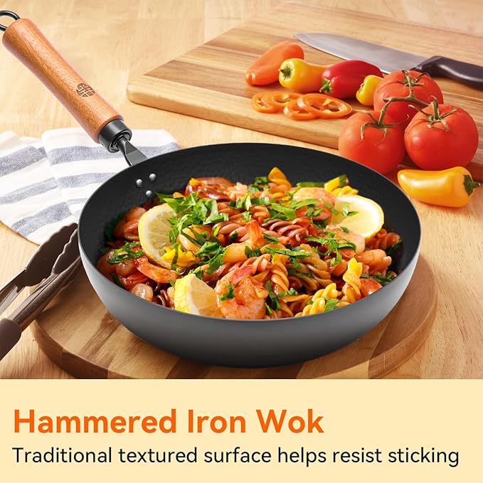 WANGYUANJI 11" Iron Skillet with Glass Lid & Griddle Spatula, Flat-Bottom Frying Pan, Uncoated & Unseasoned, Induction/Gas/Electric Compatible, Wooden Handle (Seasoning Required)