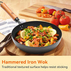 WANGYUANJI 11" Iron Skillet with Glass Lid & Griddle Spatula, Flat-Bottom Frying Pan, Uncoated & Unseasoned, Induction/Gas/Electric Compatible, Wooden Handle (Seasoning Required)
