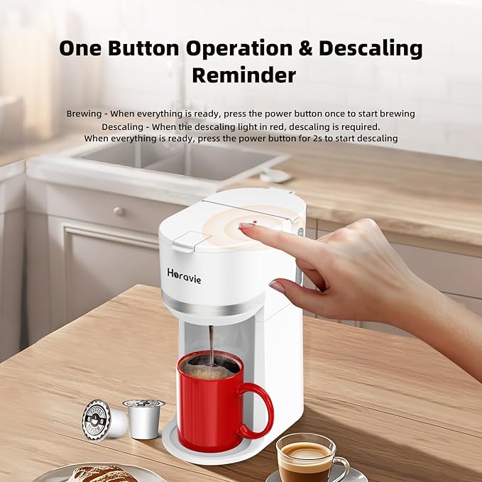 Mini Single Serve Coffee Maker for K Cup and Ground Coffee, Fast Brew One Cup Coffee Machine with Descaling Reminder and Water Window, 6 to 12 oz. Brew Sizes, White