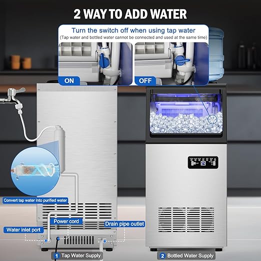 Commercial Ice Maker Machine 120 LBS/24H, 40 Ice Trays Freestanding & Undercounter Ice Machine Stainless Steel with 20 LBS Ice Storage Capacity, Ice Maker with Water Line and Filter, Dual Water Inlet
