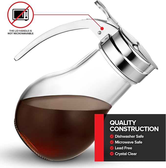 14 oz Glass Syrup Dispenser, No Drip Glass Syrup Bottle for Maple Syrup, Honey Dispenser, Pancake Mix, or Sugar, Dishwasher Safe Glass Syrup Container with Metal Easy Pour Lid, 14 Ounces (414mL)