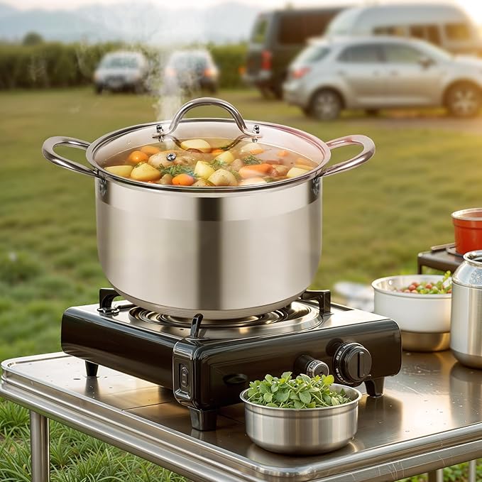 Kirecoo Stainless Steel Stock Pot - 8 Quart Heavy Duty Induction Cooking Pot with Visible Lid for Pasta, Soup, Spaghetti, Nonstick Thick Bottom Big Stockpot, Deep Cookware for Canning, Boiling, Simmer