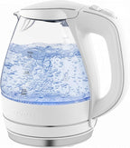 OVENTE Electric Kettle, 1.5L Borosilicate Glass Countertop Water Heater and Boiler for Coffee or Tea, BPA-Free, Auto Shut-Off, Boil-Dry Protection, Removable and Washable Spout Filter, White KG83W