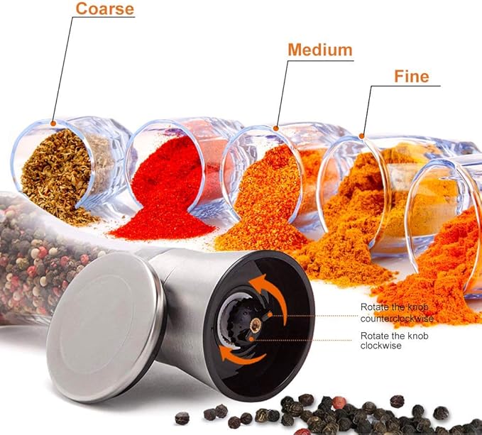 Salt and Pepper Grinder Set Combo - Black Pepper,Herb Shakers Mill Refillable Manual - Stainless Steel Lid - Adjustable Coarseness - Glass Material- Fits in Home,Kitchen,Barbecue