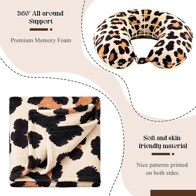 HunnmingRe 5 Pcs Travel Pillow and Blanket Set, 5 in 1 Travel Airplane Compact Includes 40 x 60 Inch Throw Blanket Eye Mask Neck Pillow Earplug and Bag Gifts for Travelers Women(Leopard Print,Brown)