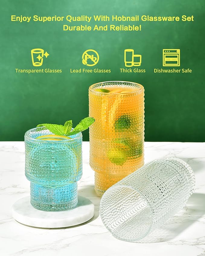 ISMASOAN Hobnail Drinking Glasses Set of 12, Stackable Glasses 12 oz and 7 oz, Bubble Glasses Drinking, Vintage Glassware, Beaded Glassware, Highball Glasses, Gift Box Set