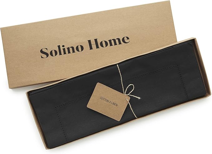 Solino Home Black Placemats Set of 6 - Cotton Linen Hemstitch Placemats 14 x 19 Inch for Winter, Holiday, New Year