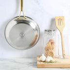 Martha Stewart Castelle 12-Inch Stainless Steel Frying Pan with Gold-Tone Handle – Tri-Ply Encapsulated Bottom, Oven Safe & Induction Safe Skillet for Searing and Sautéing