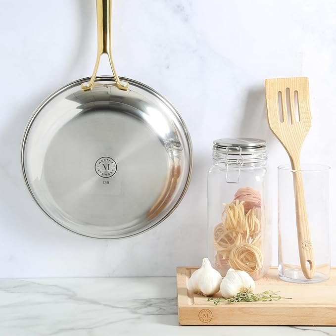Martha Stewart Castelle 12-Inch Stainless Steel Frying Pan with Gold-Tone Handle – Tri-Ply Encapsulated Bottom, Oven Safe & Induction Safe Skillet for Searing and Sautéing