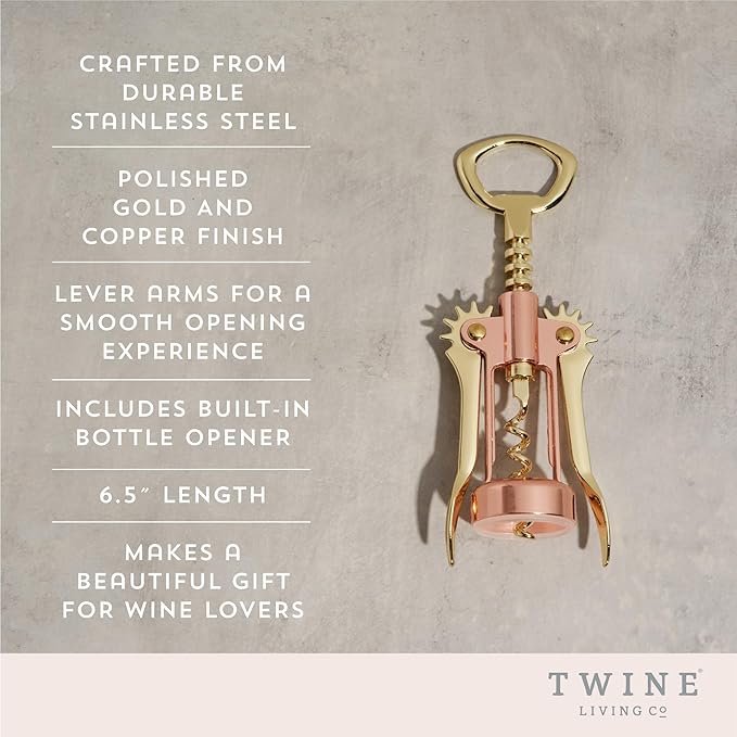 Twine Winged Corkscrew Wine Opener, Versatile Bottle Opener for Beer and Soft Drinks, Stainless Steel with Ergonomic Handle and Sharp Screw for Bartenders, Home Bar, Kitchen, Set of 1, Copper and Gold