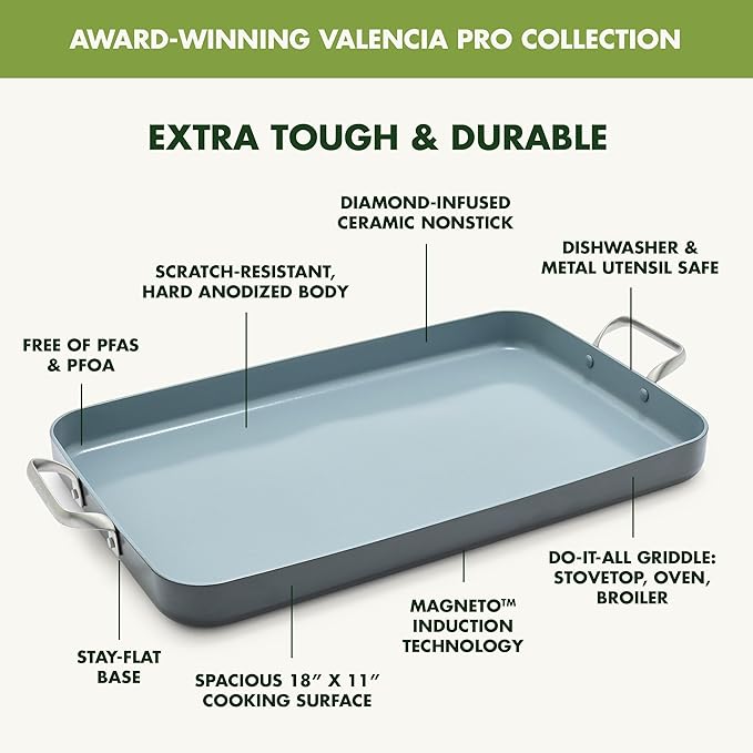 GreenPan Valencia Pro Ceramic Nonstick 18" x 11" Double Burner Griddle Pan, Hard Anodized PFAS-Free, Induction Ready Cookware, Compatible on All Cooktops, Dishwasher Safe, Oven Safe to 600F, Gray