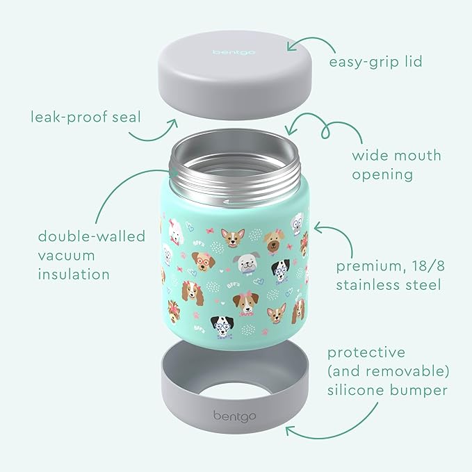 Bentgo Kids Stainless Steel Food Jar - 11oz Leak-Proof Double Insulated Hot or Cold Food Container with Removable Silicone Bumper, Dishwasher Safe, Easy Open Lid, Ages 3+ (Puppy Love)