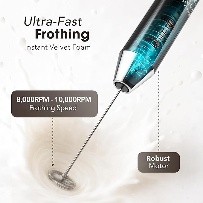 Zulay Kitchen Rechargeable Milk Frother Handheld - Lux 4 Whisks, Powerful 2-Speed Motor, Waterproof, 2000mAh Battery - Drink Mixer for Latte, Cappuccino, Matcha & Protein Powder - Jet Black