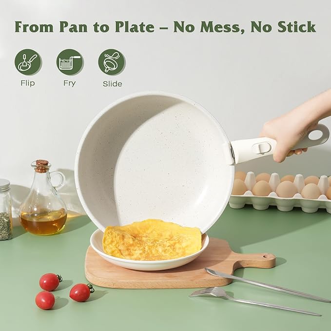 SODAY 18 Pcs Pots and Pans Set Non Stick, Cookware Sets with Detachable Handle, Nonstick RV Kitchen Cooking Tools Removable Handles, Oven Safe, Induction Fast, Stackable Induction Cookware, White