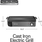 Hamilton Beach Professional Cast Iron Indoor Electric Grill & Griddle, 10" x 16" Preseasoned Cooking Surface, Adjustable Temperature up to 450° F, Black (38560)