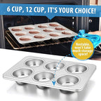 E-far Muffin Pan Set of 2, Stainless Steel Muffin Pan Tin for Baking, 6-Cup Metal Cupcake Pan Tray, Non-toxic & Healthy, Oven & Dishwasher Safe, Regular Size - 11.44 x 7.12 x 1.25 Inch