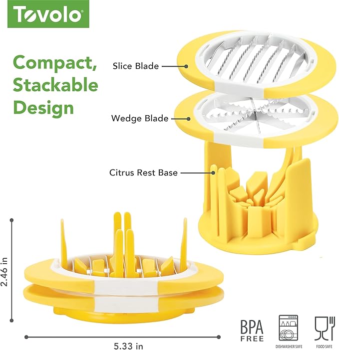 Tovolo Citrus Slicer and Wedger Tool for Lemons Limes Oranges,Dual Blade Premium Cutter Creates 8 Wedges 6 Slices, Anti-Slip Base, Stainless Steel, BPA-Free Dishwasher Safe