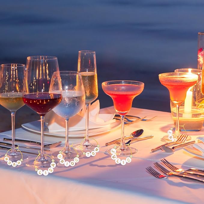 Outus 50 Set DIY Wine Glass Charms 1000 Letters Beads 100 Golden Beads 50 Rings for Stem Glasses 1 Tweezer Custom Personalized Charms Wine Glass Markers for Wedding Party Bridal Shower