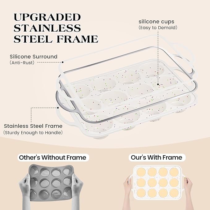 2 Pcs Silicone Muffin Pan for Baking with Metal Frame, Nonstick 12 Cup Regular Size Cupcake Pan, Silicone Muffin Tray for Egg Bites (Cream)