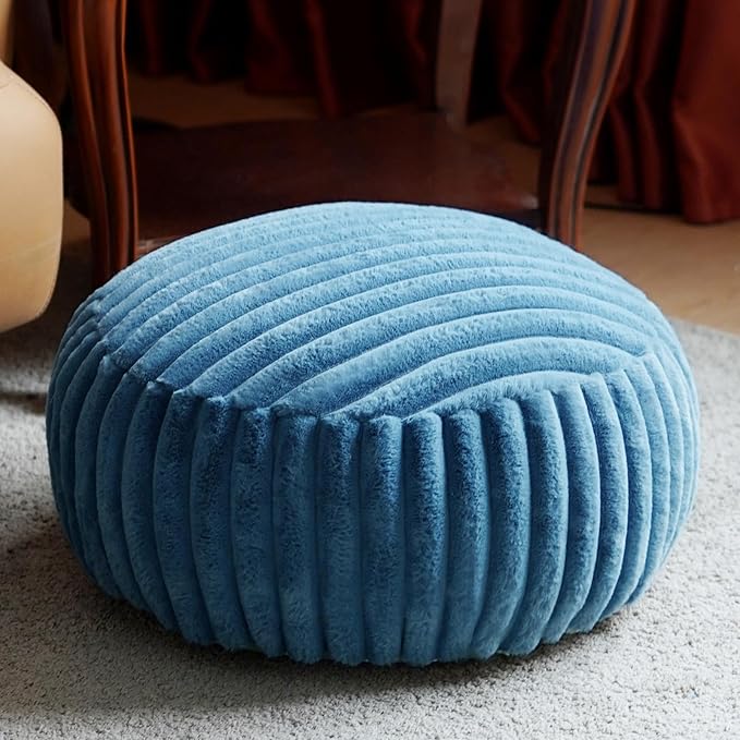 Unstuffed Pouf Ottoman Cover Soft Storage Extra Seat Farmhouse Comfortable Bohemian Poufs Accent Footrest 20x20x8 Inches for Living Room Bedroom Study Nook (Blue, Round)