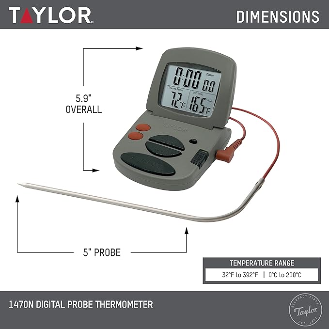 Taylor Programmable with Timer Instant Read Wired Probe Digital, Meat, Food, Grill BBQ Cooking Kitchen Thermometer with Timer, Gray