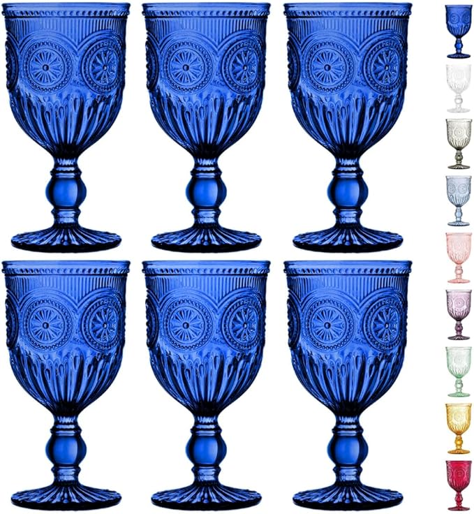Yungala Cobalt Wine Glasses Set of 6 Goblets - Handcrafted Vintage Glassware with Sunflower Motif, Dishwasher Safe Cobalt Blue Glassware