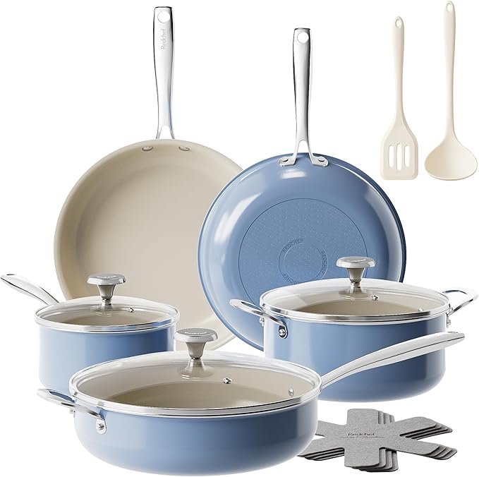 Redchef Ceramic Nonstick Cookware Set,14pcs Pots and Pans Set Non Stick,Induction Cookware with Stainless Steel Handle,Non Toxic Kitchen Cooking Set,Dishwasher & Oven Safe,PFAS PFOA & PTFE Free（Blue）